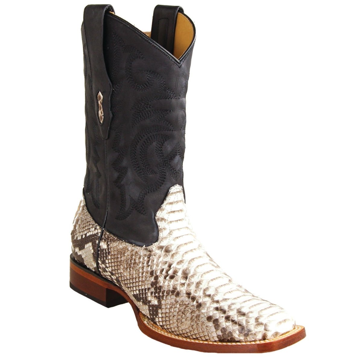 Wide Square Rodeo Toe Exotic Python Boots Natural Suede Color - Los Altos Boots - Side View