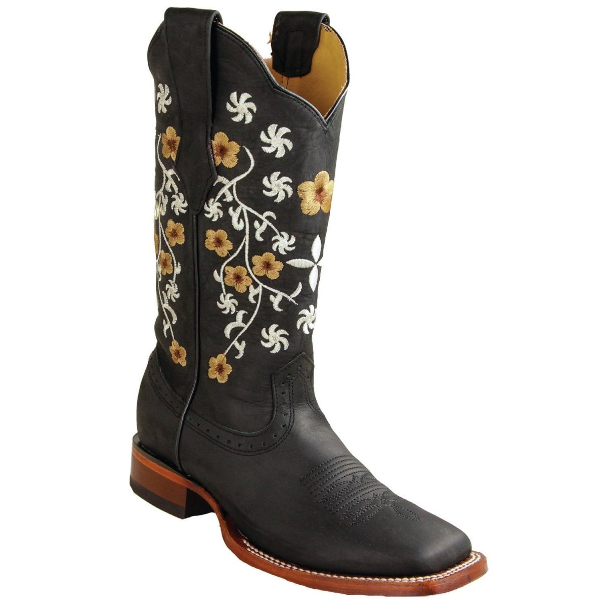 Botas Rodeo de Piel Original Punta Amplia Cuadrada para Dama Color Neg ...