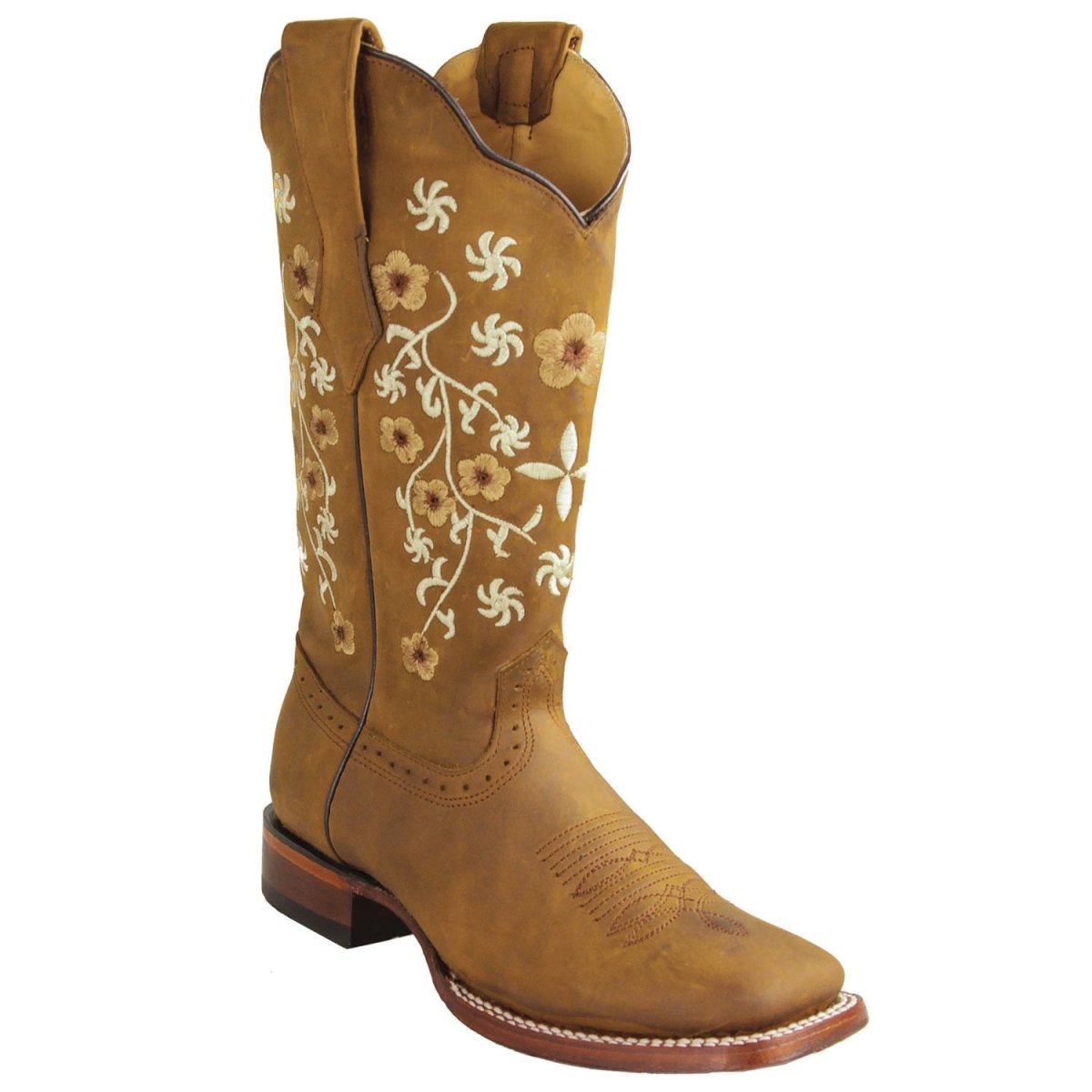 Botas Rodeo de Piel Original Punta Amplia Cuadrada para Dama Color Tan - Los Altos Boots - Los Altos Boots