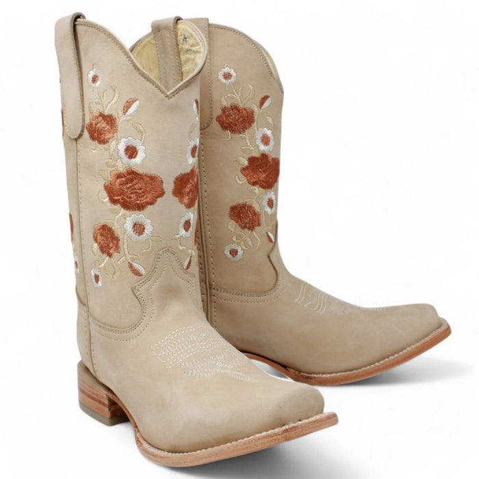 Botas Vaqueras de Cuero para Dama Acabado Nobuck en Hueso ROD - 41504 - Rodeo Imports