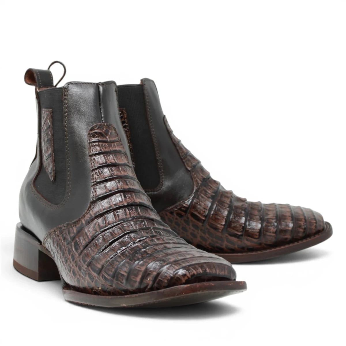 Quincy Men´s Caiman Hornback Print Square Toe Ankle Boots - Brown - Pair Side View
