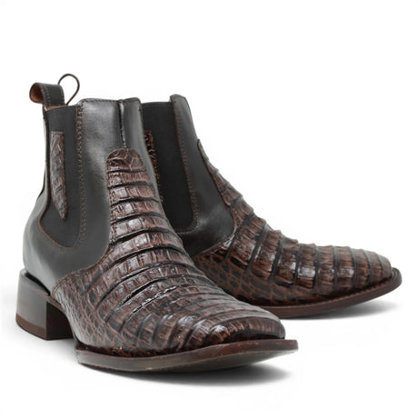 Quincy Men´s Caiman Hornback Print Square Toe Ankle Boots - Brown - Pair Side View