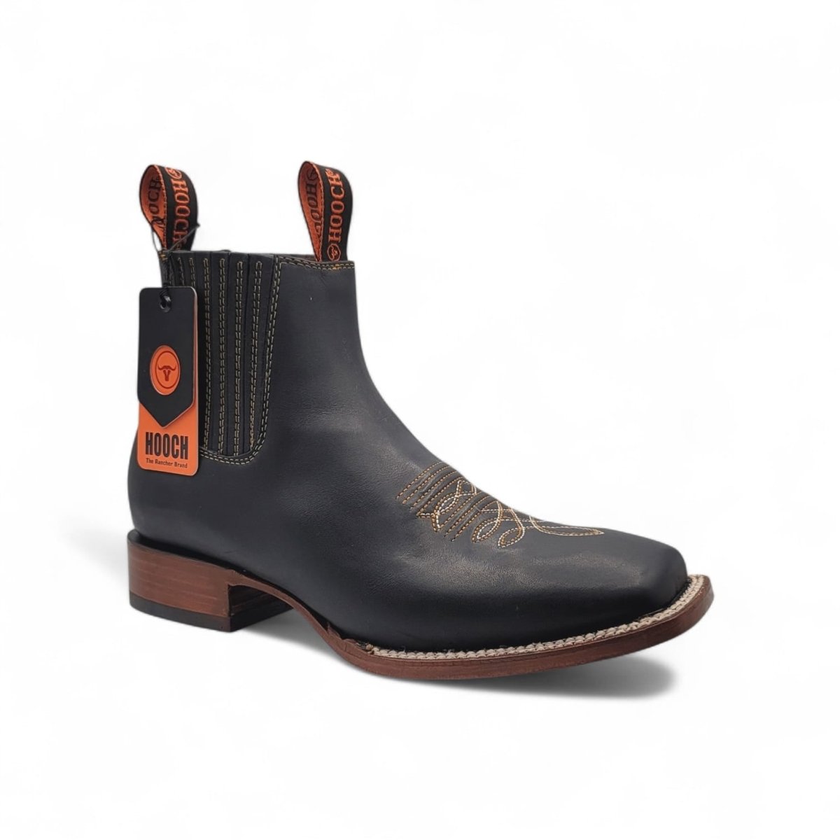 Botin Vaquero para Hombre de Piel Grasso Color Negro con Punta Cuadrada y Suela de Cuero – Hooch Boots H42P2205 - Hooch