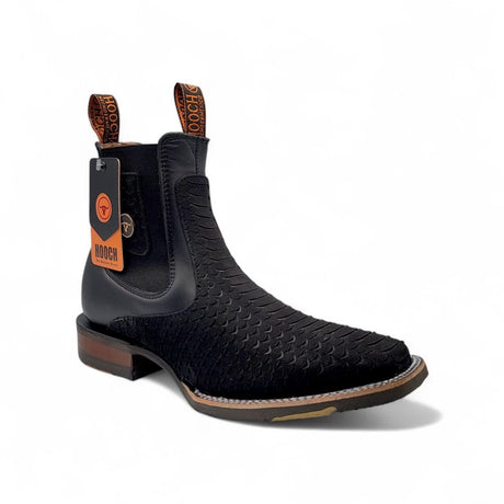 Botin Vaquero para Hombre Nobuck Negro Grabado Tipo Python con Punta Cuadrada y Suela de Hule – Hooch Boots H42H0563 - Hooch