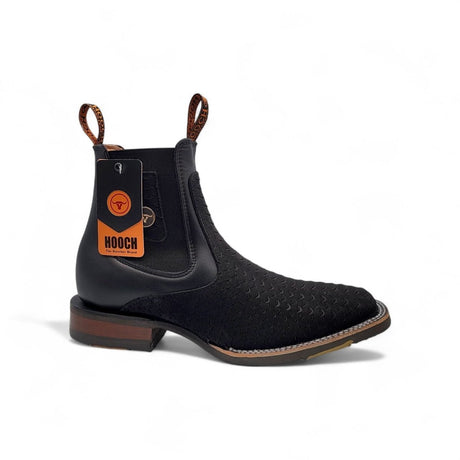 Botin Vaquero para Hombre Nobuck Negro Grabado Tipo Python con Punta Cuadrada y Suela de Hule – Hooch Boots H42H0563 - Hooch