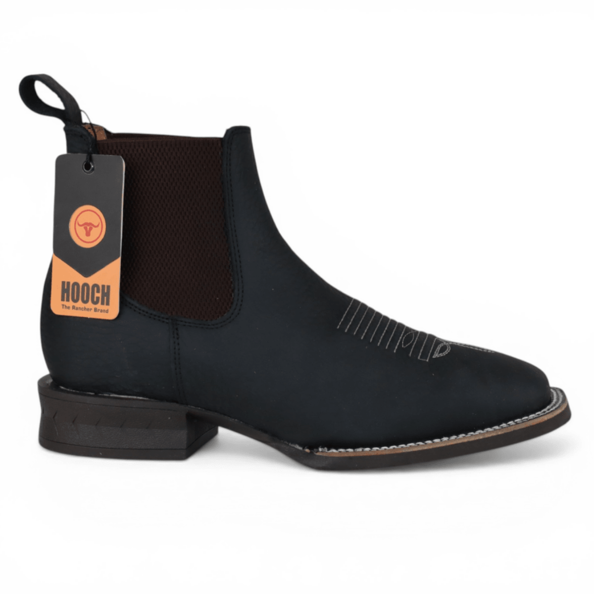 Botin Vaquero para Hombre Punta Cuadrada Amplia de Piel Genuina Negro con Suela de Hule Ligera – Hooch Boots H42A0527 - Hooch