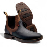 Botines de Piel Original Punta Amplia Cuadrada Color Negro-Miel – Hooch Boots - Side/Sole View