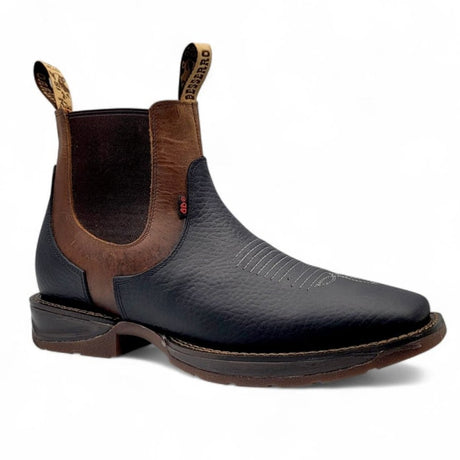 Botines de Piel Original Punta Amplia Cuadrada Color Negro-Miel – Hooch Boots - Side View