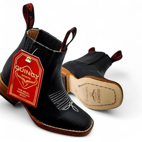 Botines Charros para Niño Punta Cuadrada de Cuero Color Negro Q42B2705 - Quincy Boots