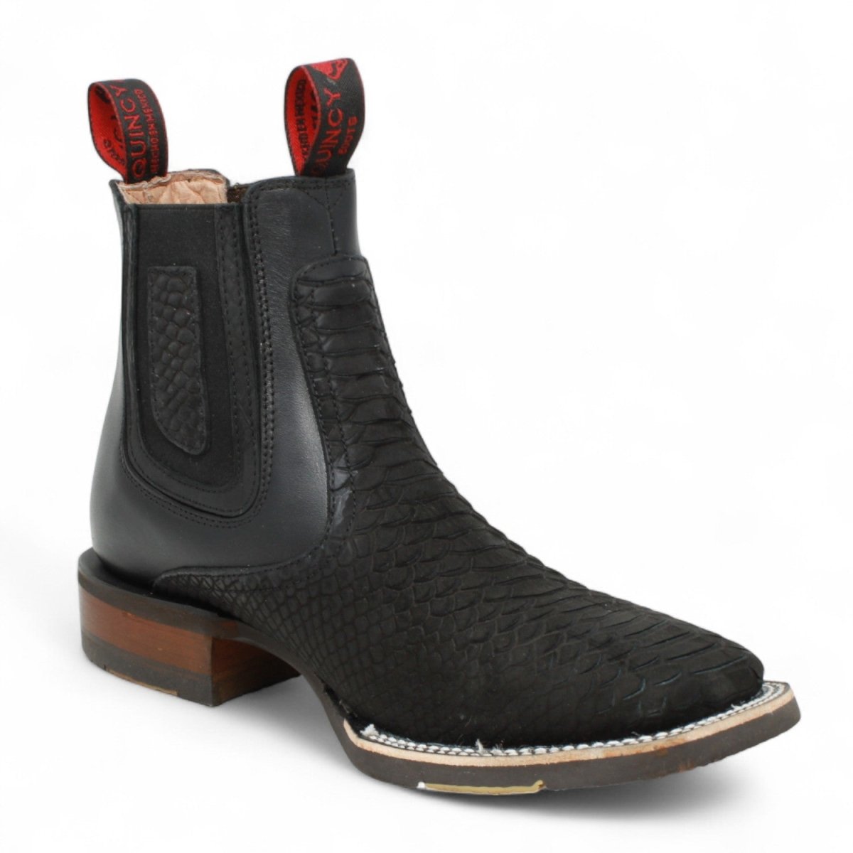 Botines Charros Quincy Punta Cuadrada Piton Imaticion con Suela de Hule Color Negro - Quincy Boots