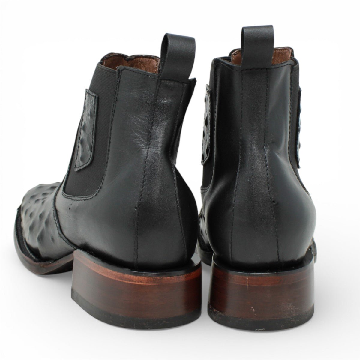 Black Square Toe Engraved Ostrich Ankle Boots