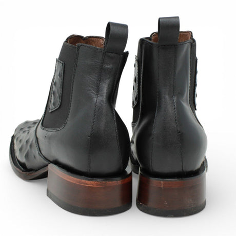Botines de Avestruz Grabado con Punta Cuadrada Color Negro Q82B0305 - Quincy Boots