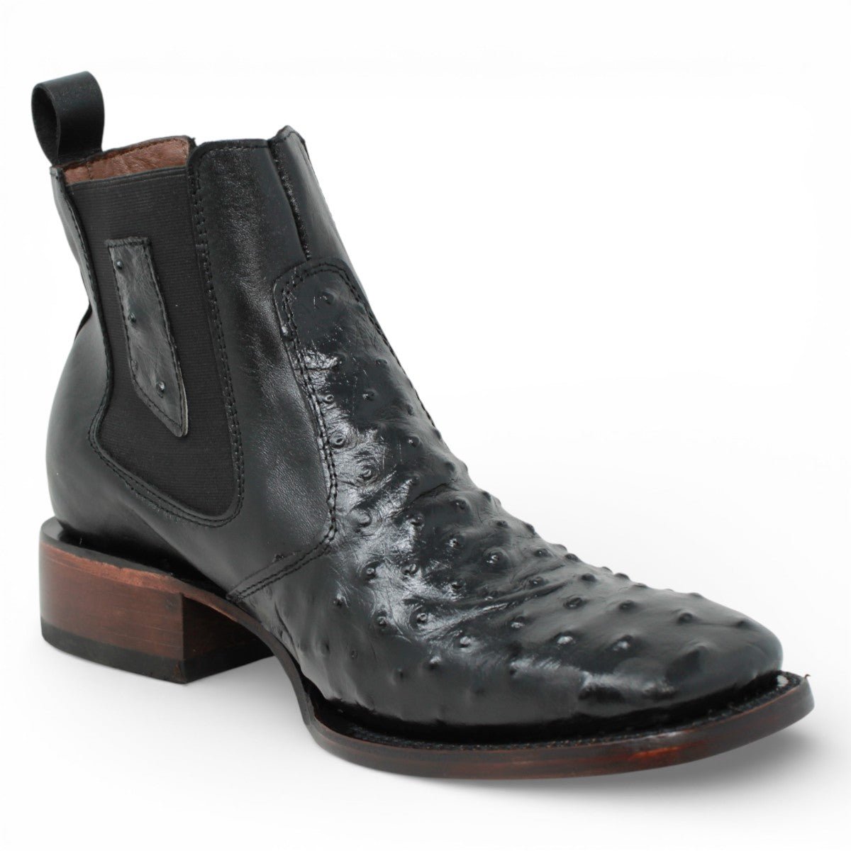 Black Square Toe Engraved Ostrich Ankle Boots
