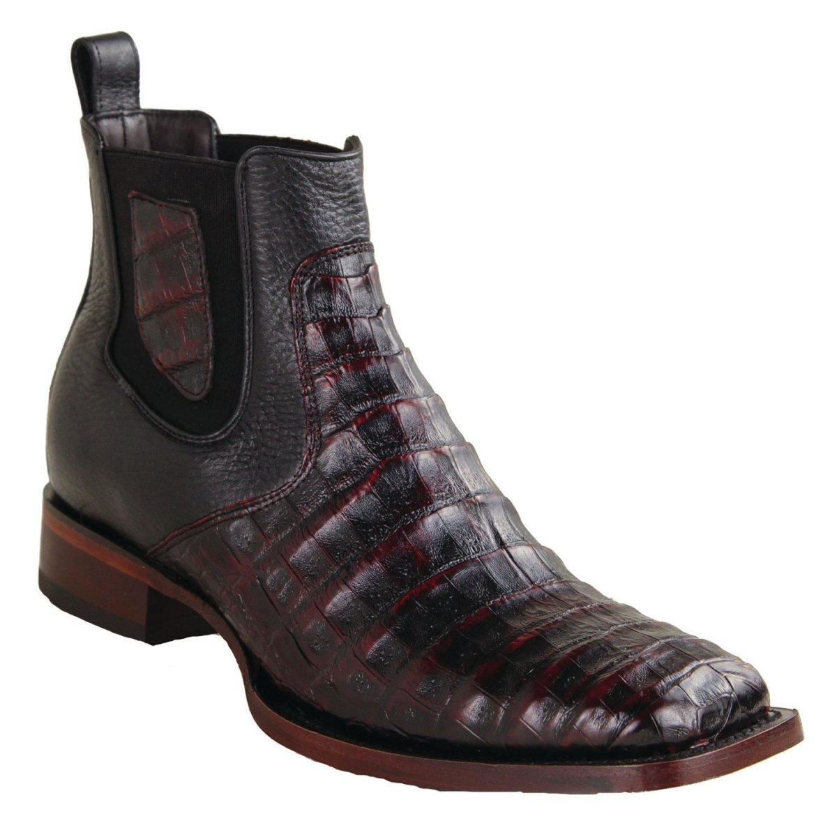 Botines de Cocodrilo Caiman Panza Original Punta Cuadrada Ancha Color Negro Rojizo - Los Altos Boots - Los Altos Boots