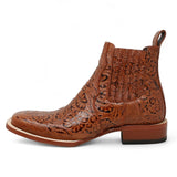 Botines de Cuero Cincelado Punta Cuadrada Color Cognac Hombre - Tanner Mark Boots - Tanner Mark Boots