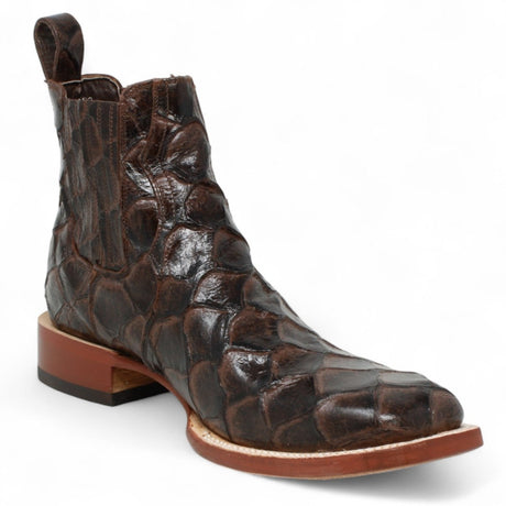 Botines de Cuero Pirarucu Grabado Punta Cuadrada Color Cafe Hombre - Tanner Mark Boots - Tanner Mark Boots
