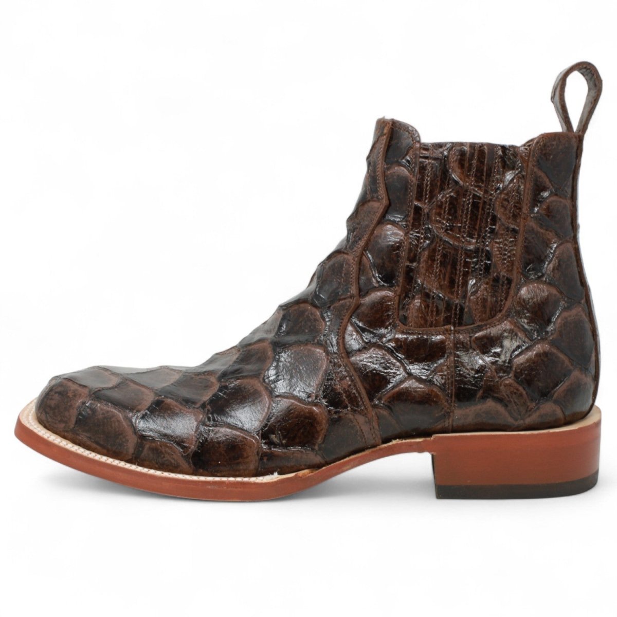 Botines de Cuero Pirarucu Grabado Punta Cuadrada Color Cafe Hombre - Tanner Mark Boots - Tanner Mark Boots