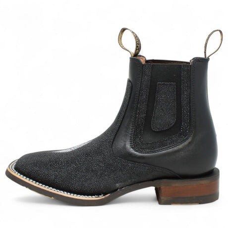 Botines de Mantaraya Grabada con Punta Cuadrada Color Negro - Quincy Boots