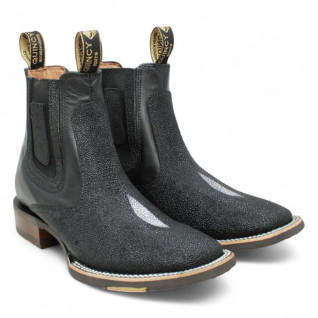 Botines de Mantaraya Grabada con Punta Cuadrada Color Negro - Quincy Boots