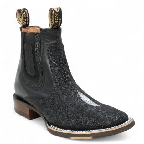 Botines de Mantaraya Grabada con Punta Cuadrada Color Negro - Quincy Boots