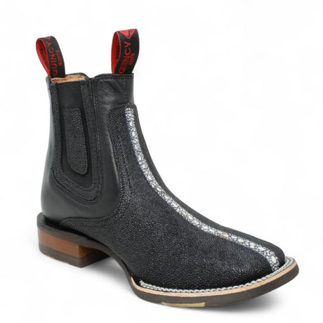 Botines de Mantaraya Perla Completa Grabado con Punta Cuadrada Color Negro - Quincy - Quincy Boots