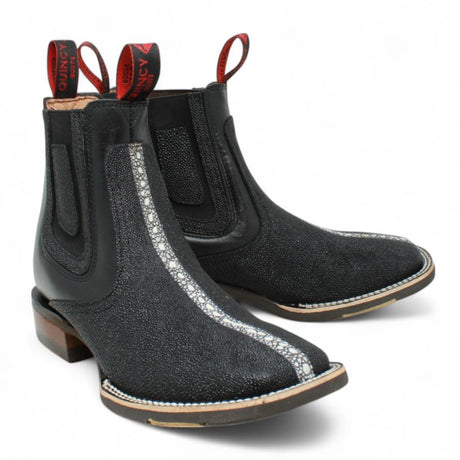 Botines de Mantaraya Perla Completa Grabado con Punta Cuadrada Color Negro - Quincy - Quincy Boots