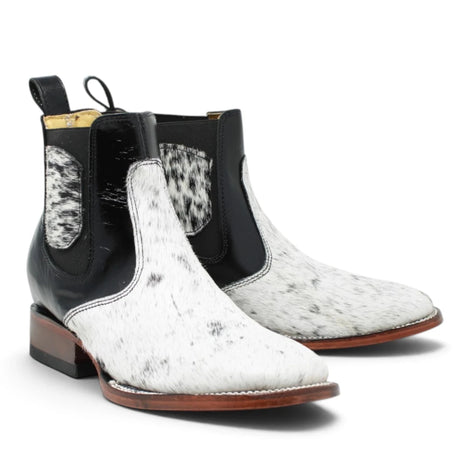 Rodeo Imports Men´s Genuine Hair-on Cowhide Wide Square Toe Ankle Boots - White & Black - Pair Side View