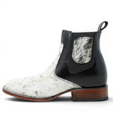 Rodeo Imports Men´s Genuine Hair-on Cowhide Wide Square Toe Ankle Boots - White & Black - Left Side View