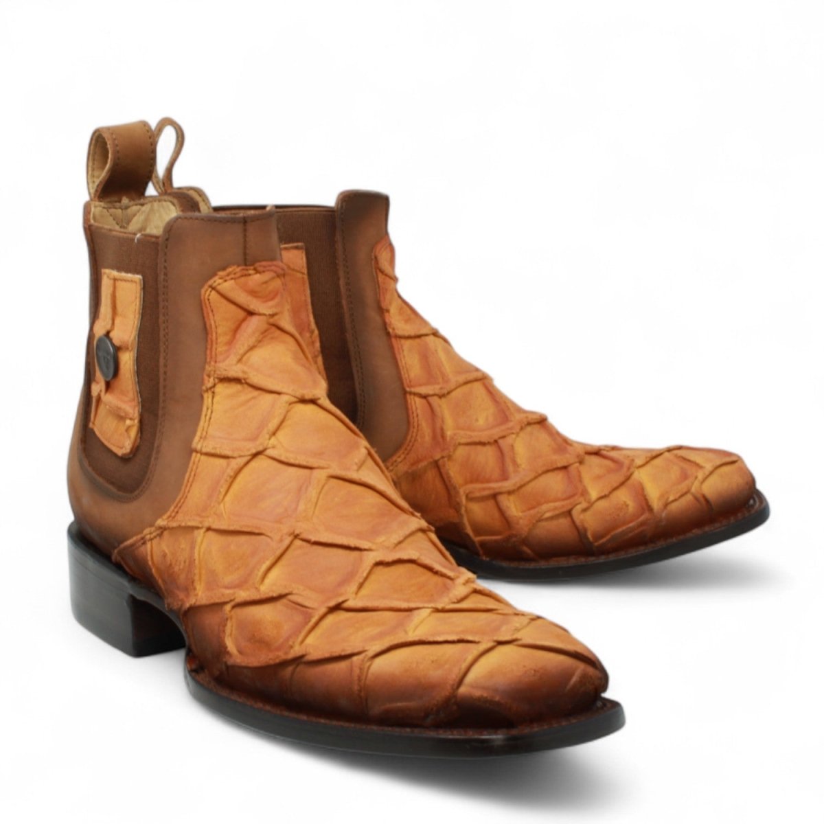 Botines de Piel Grabado Pez Pirarucu Punta Cuadrada Color Miel - Hooch Boots - Hooch