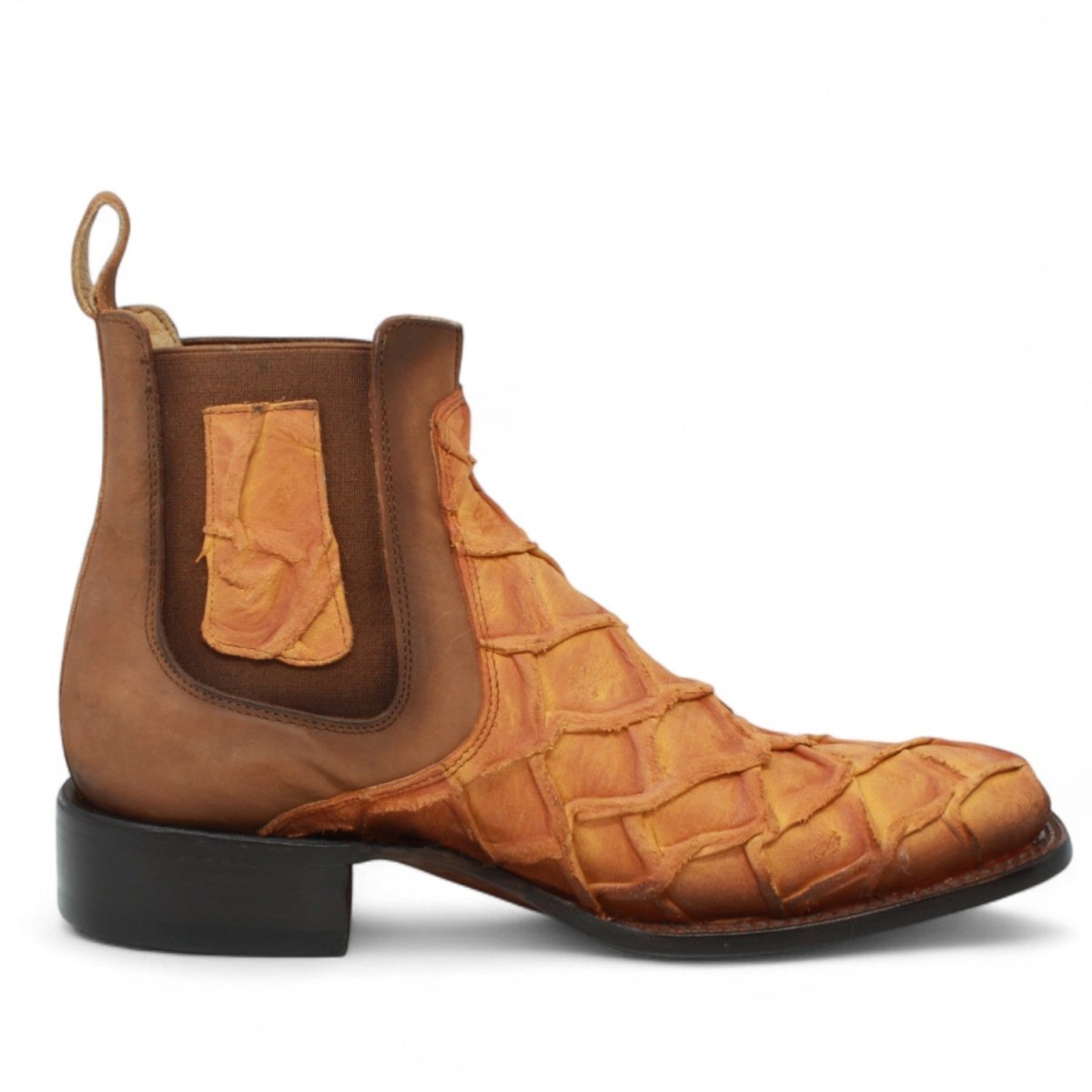 Botines de Piel Grabado Pez Pirarucu Punta Cuadrada Color Miel - Hooch Boots - Hooch