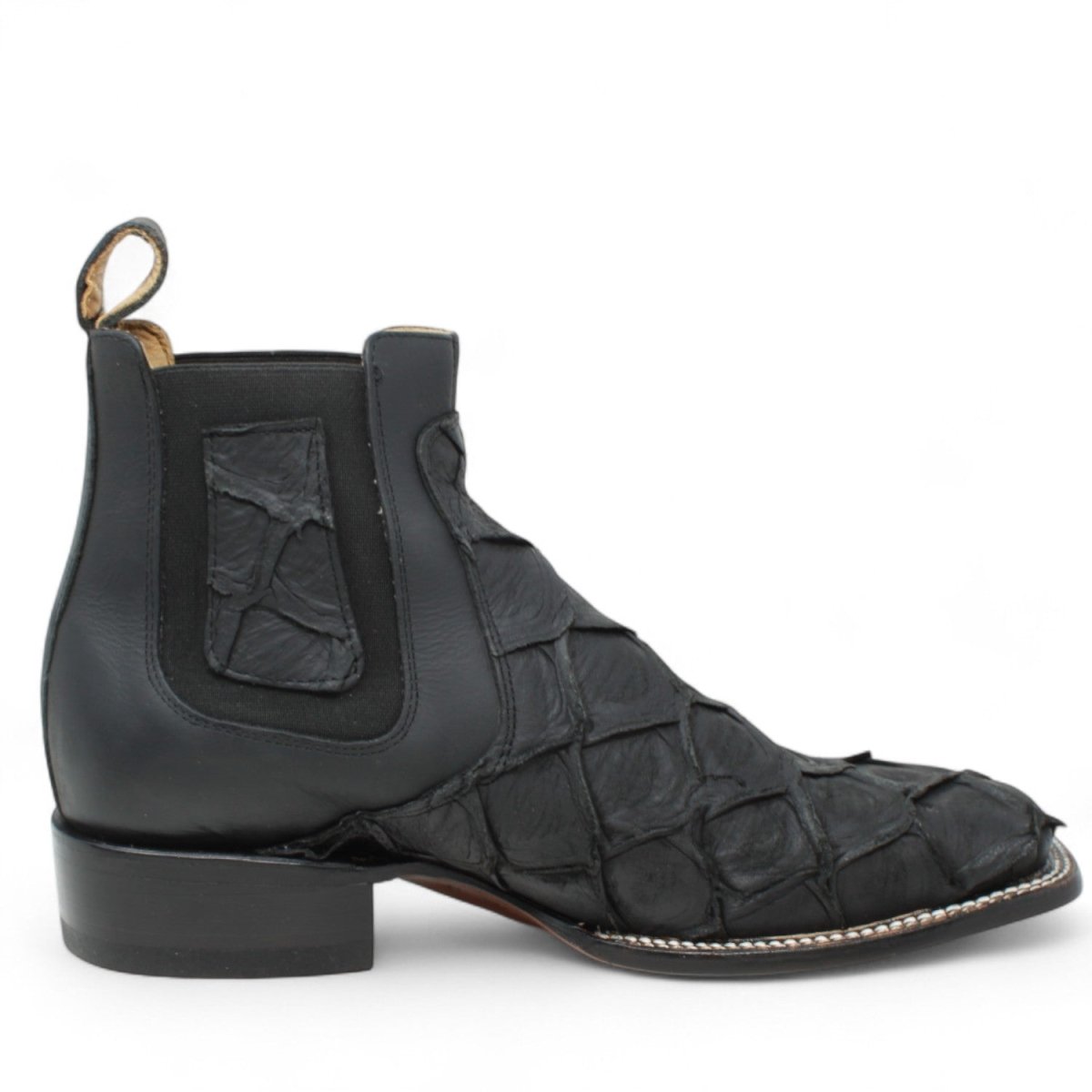 Botines de Piel Grabado Pez Pirarucu Punta Cuadrada Color Negro - Hooch Boots - Hooch