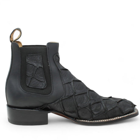Botines de Piel Grabado Pez Pirarucu Punta Cuadrada Color Negro - Hooch Boots - Hooch