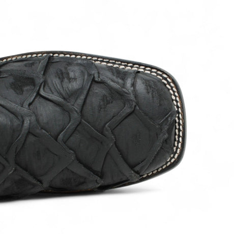 Botines de Piel Grabado Pez Pirarucu Punta Cuadrada Color Negro - Hooch Boots - Hooch