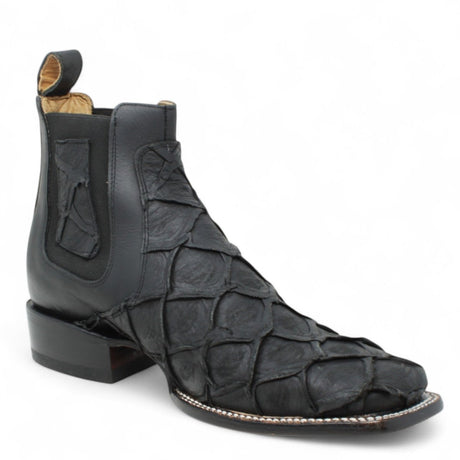 Botines de Piel Grabado Pez Pirarucu Punta Cuadrada Color Negro - Hooch Boots - Hooch