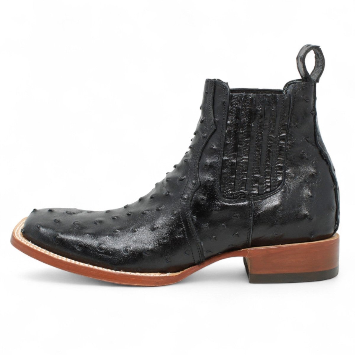 Botines Hombre de Cuero Grabado Avestruz Punta Cuadrada Color Negro - Tanner Mark Boots - Tanner Mark Boots