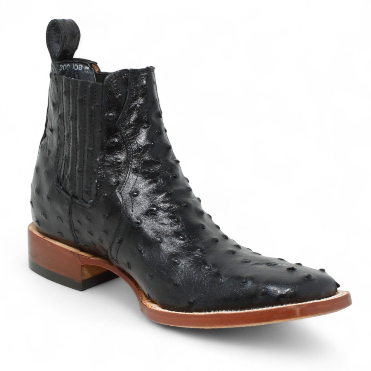 Botines Hombre de Cuero Grabado Avestruz Punta Cuadrada Color Negro - Tanner Mark Boots - Tanner Mark Boots