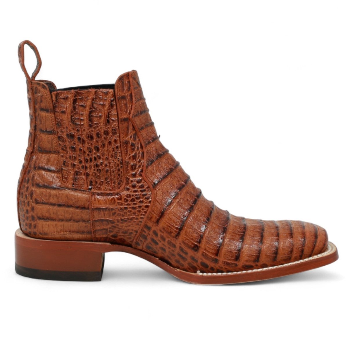 Botines Hombre de Cuero Grabado Caiman Panza Punta Cuadrada Color Cognac - Tanner Mark Boots - Tanner Mark Boots