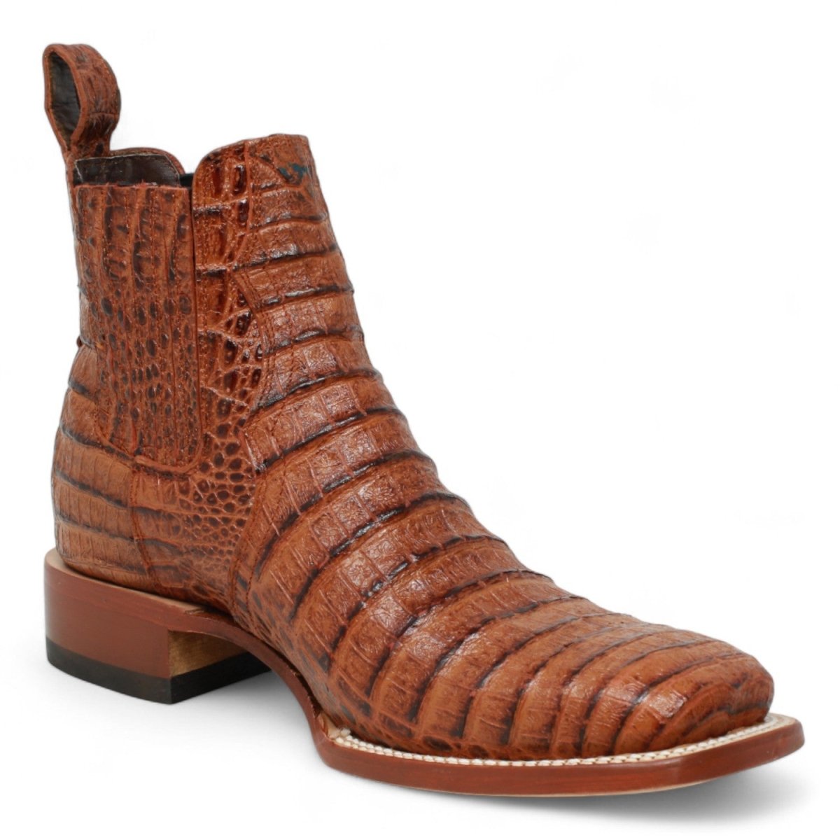 Botines Hombre de Cuero Grabado Caiman Panza Punta Cuadrada Color Cognac - Tanner Mark Boots - Tanner Mark Boots