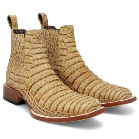 Botines Hombre de Cuero Grabadode Caiman Panza Punta Cuadrada Color Arena - Tanner Mark Boots - Tanner Mark Boots