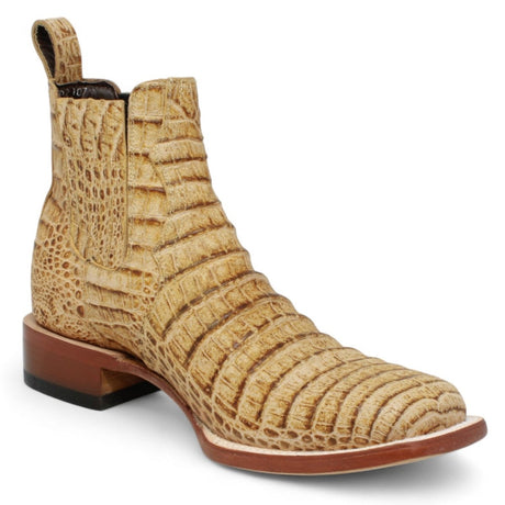 Botines Hombre de Cuero Grabadode Caiman Panza Punta Cuadrada Color Arena - Tanner Mark Boots - Tanner Mark Boots