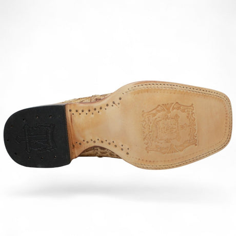 Botines Hombre de Cuero Grabadode Caiman Panza Punta Cuadrada Color Arena - Tanner Mark Boots - Tanner Mark Boots