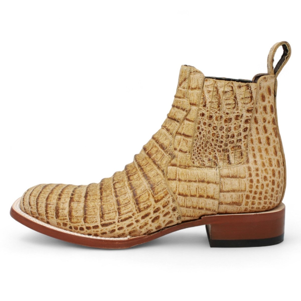 Botines Hombre de Cuero Grabadode Caiman Panza Punta Cuadrada Color Arena - Tanner Mark Boots - Tanner Mark Boots