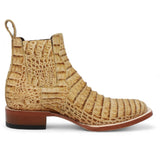 Botines Hombre de Cuero Grabadode Caiman Panza Punta Cuadrada Color Arena - Tanner Mark Boots - Tanner Mark Boots