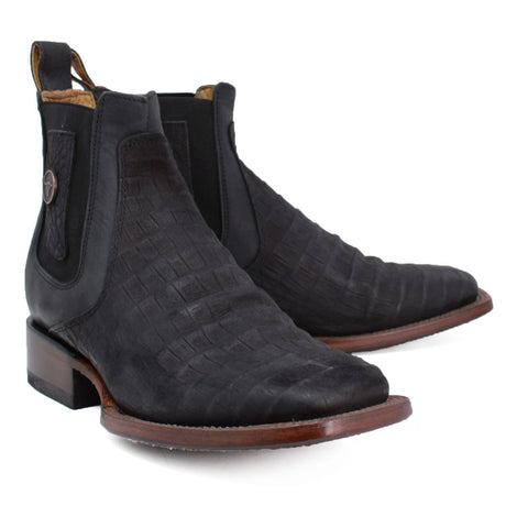 Caiman Belly Print Square Toe Ankle Boots - Black - Hooch Boots