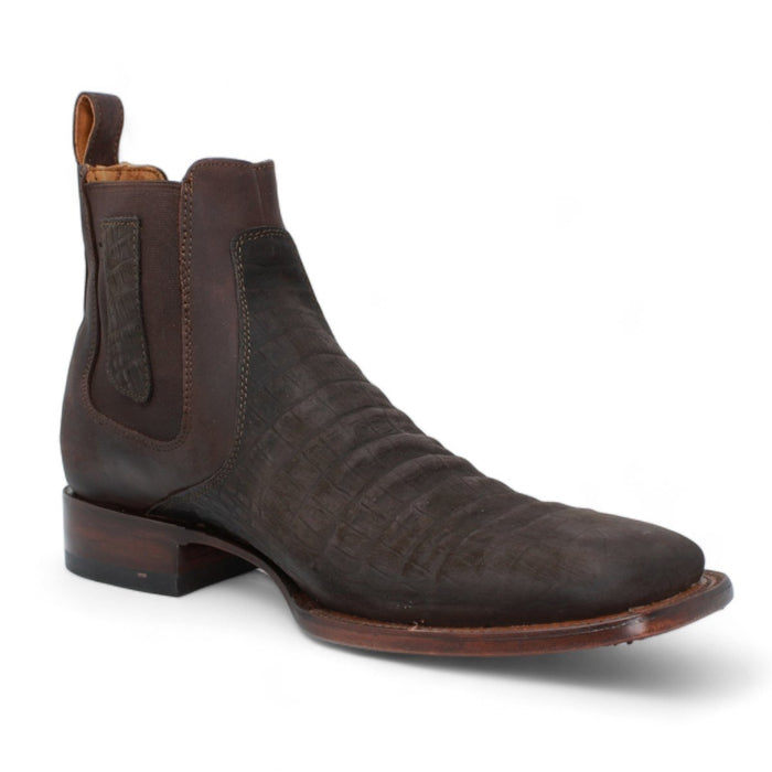 Caiman Belly Print Square Toe Ankle Boots - Chocolate - Hooch Boots