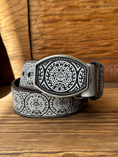 Cinto de Cuero de Calendario Azteca Blanco con Hebilla de Metal