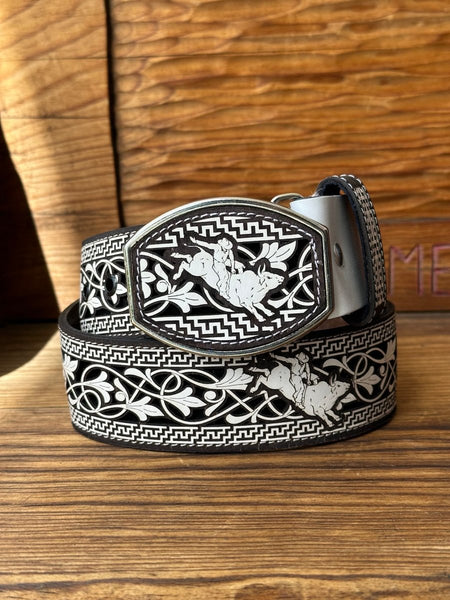 White Aztec Calendar Leather Belt with Metal Buckle display picture 1