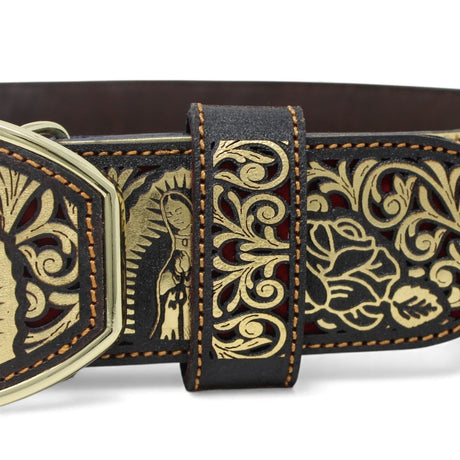 Cinto de Cuero Original Color Oro Corte Laser de la Virgen de Guadalupe Hebilla de Metal Oro - A&A Boots