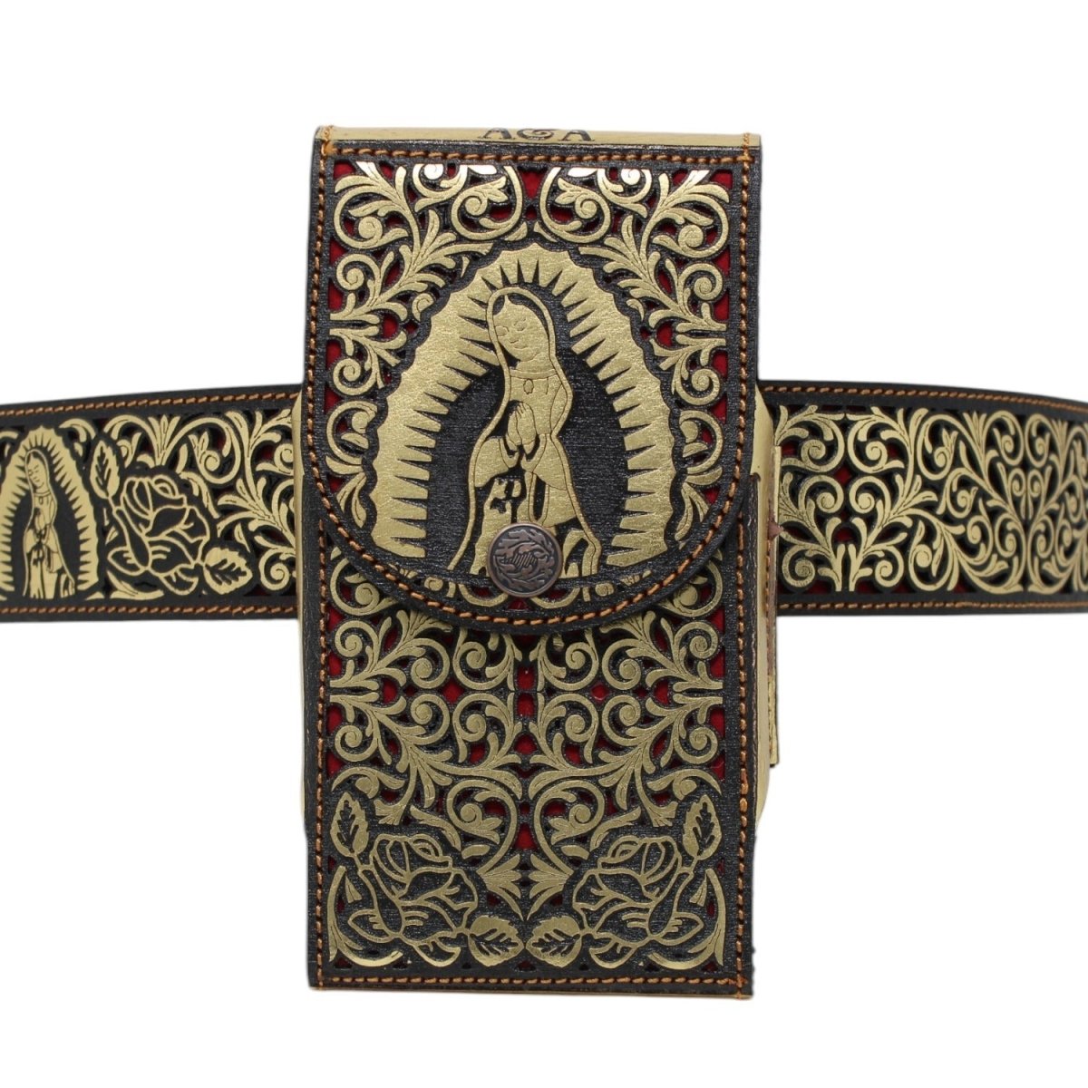 Cinto de Cuero Original Color Oro Corte Laser de la Virgen de Guadalupe Hebilla de Metal Oro - A&A Boots