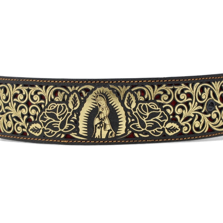 Cinto de Cuero Original Color Oro Corte Laser de la Virgen de Guadalupe Hebilla de Metal Oro - A&A Boots